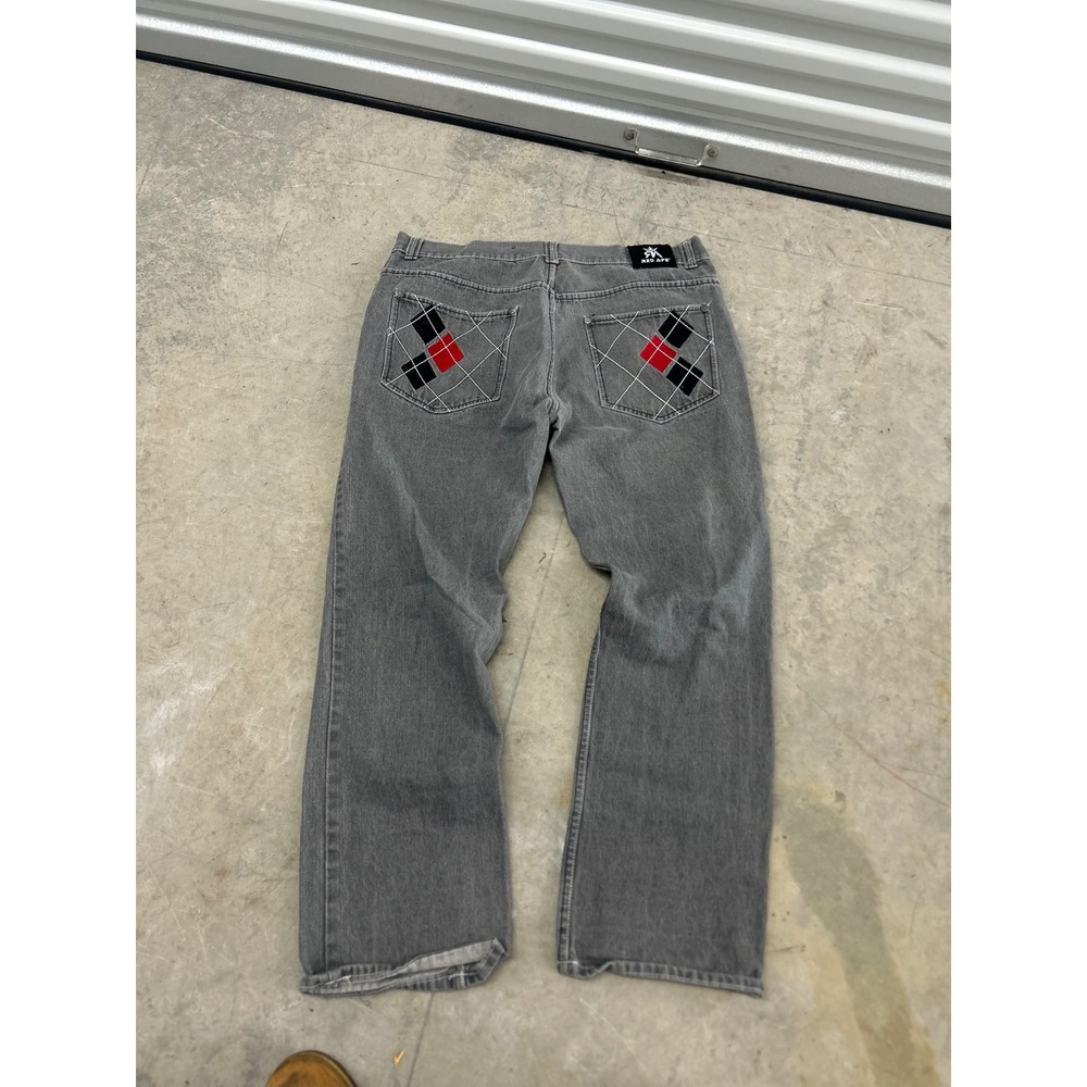Red Ape Mens Baggy Grey Denim Jeans Argyle Back Pocket Y2K Streetwear 42x33